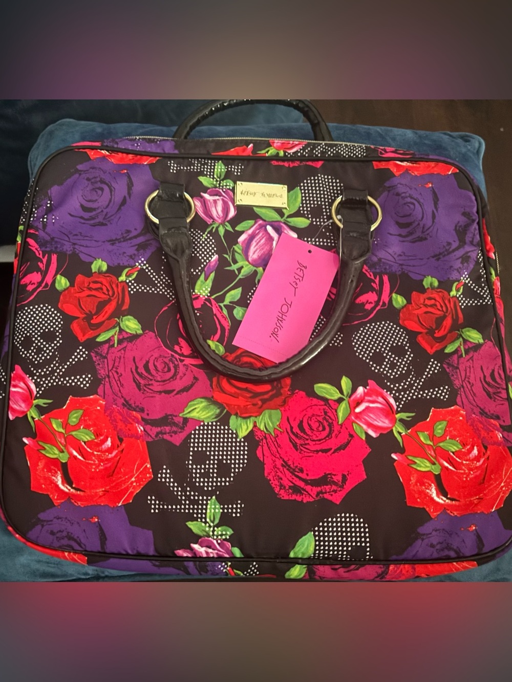 🌹NEW BETSY JOHNSON Floral Rose Travel Tote Bag OR computer bag-Bold Red & Purple